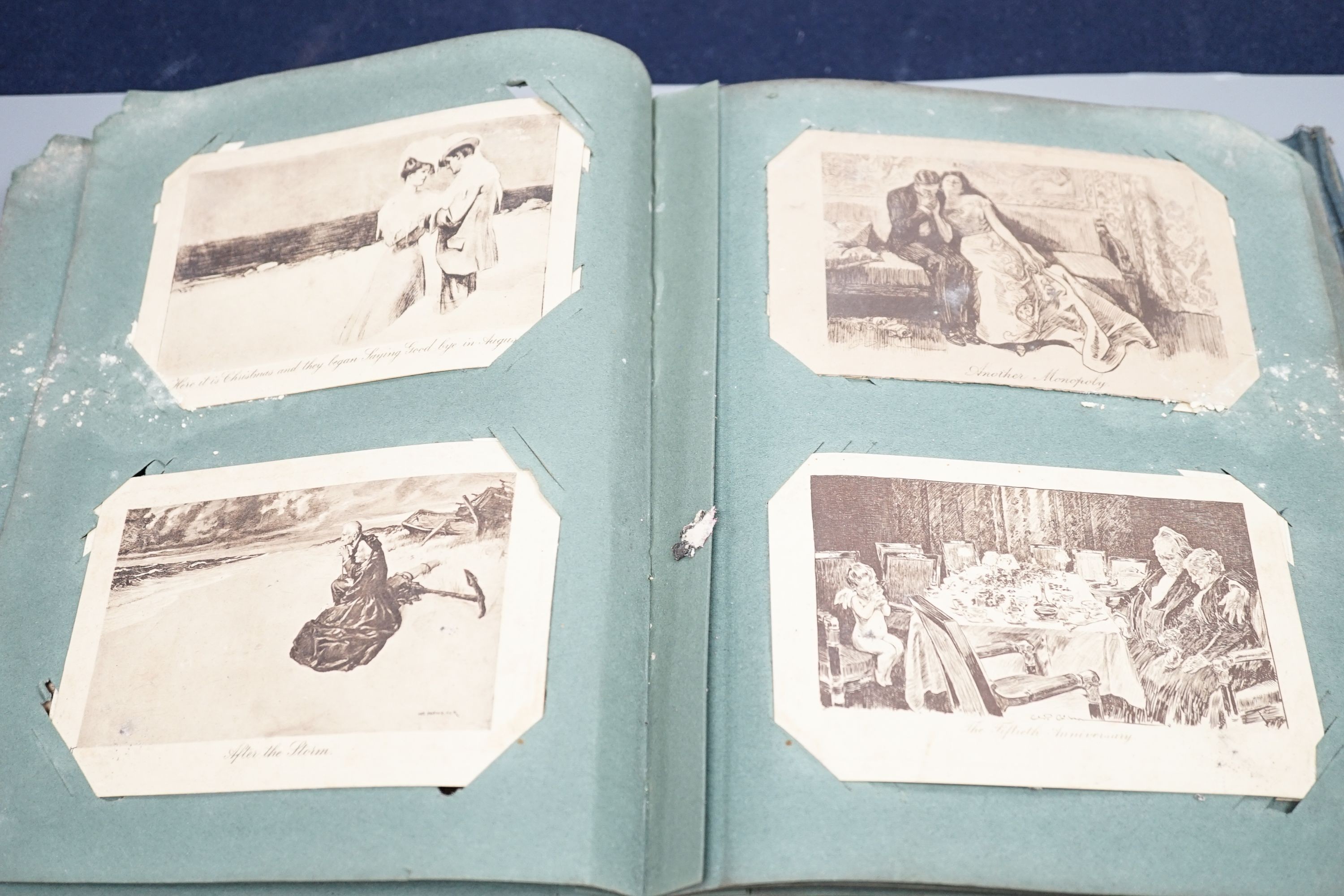 An album of Edwardian and later postcards and etchings including C Dana Gibson, pictorial Comedy, romantic etc